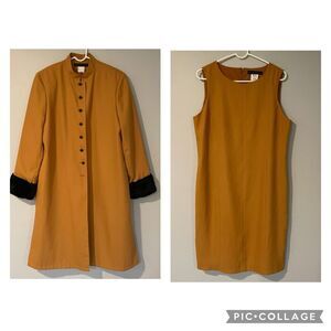 Vintage Yellow 2 Piece Faux Fur Cuffed Long Coat & Sheath Dress Set Sz 12 Retro